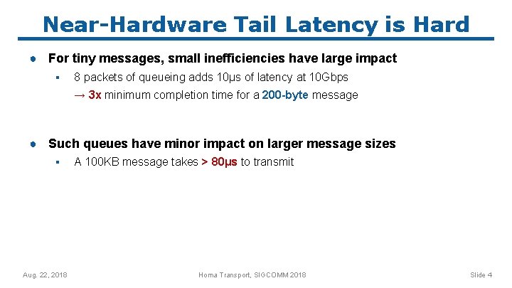 Near-Hardware Tail Latency is Hard ● For tiny messages, small inefficiencies have large impact
