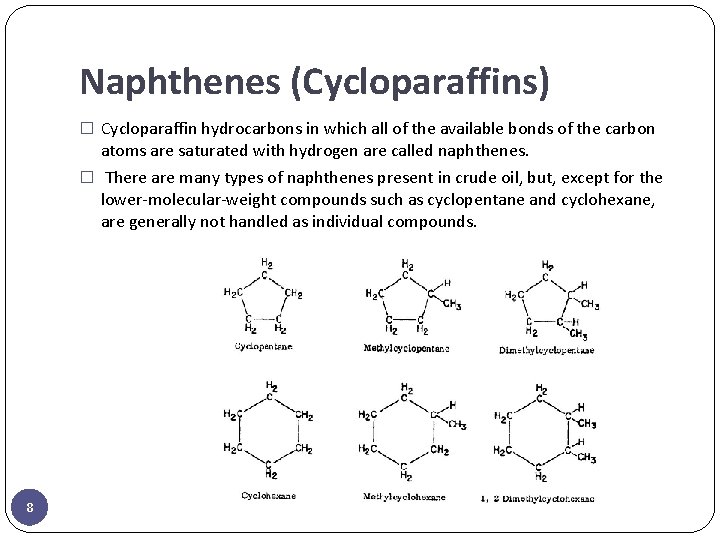 Naphthenes (Cycloparaffins) � Cycloparaffin hydrocarbons in which all of the available bonds of the