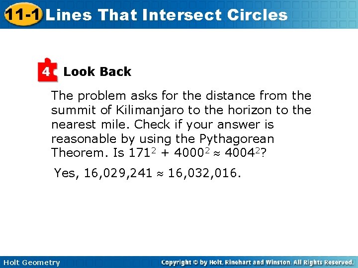 11 -1 Lines That Intersect Circles 4 Look Back The problem asks for the