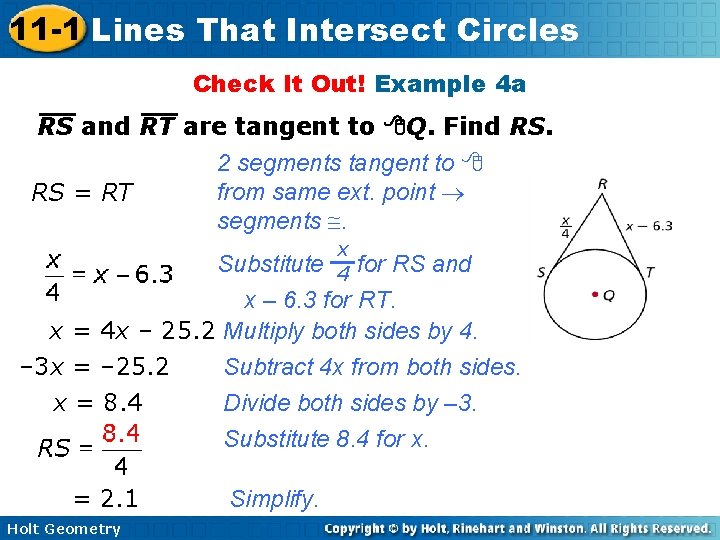 11 -1 Lines That Intersect Circles Check It Out! Example 4 a RS and