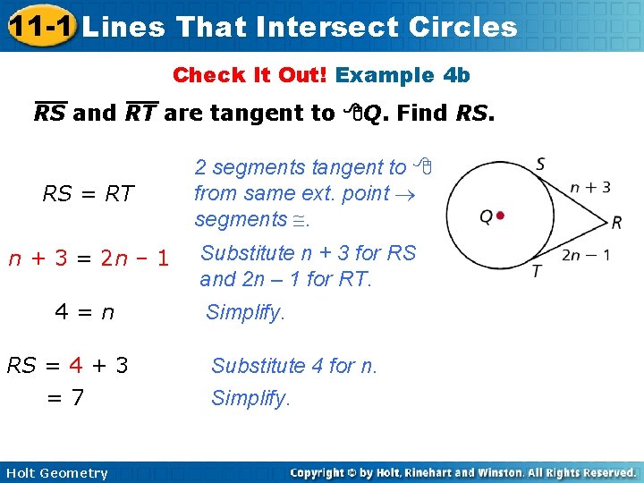 11 -1 Lines That Intersect Circles Check It Out! Example 4 b RS and
