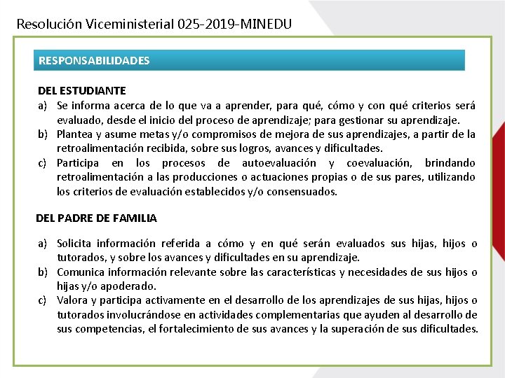 Resolución Viceministerial 025 -2019 -MINEDU RESPONSABILIDADES DEL ESTUDIANTE a) Se informa acerca de lo