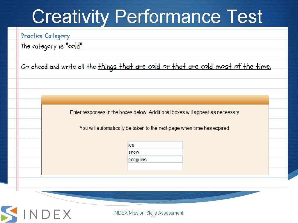 Creativity Performance Test INDEX Mission Skills Assessment 25 