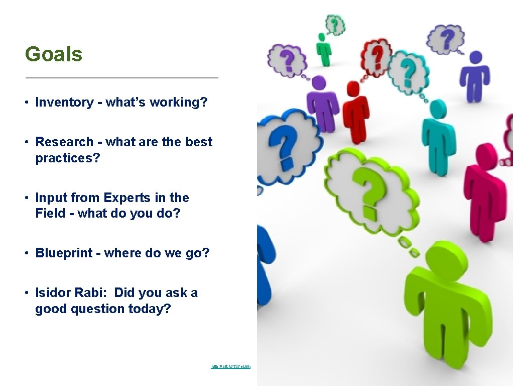 Goals • Inventory - what’s working? • Research - what are the best practices?
