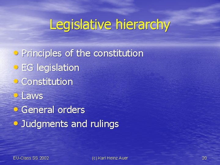 Legislative hierarchy • Principles of the constitution • EG legislation • Constitution • Laws