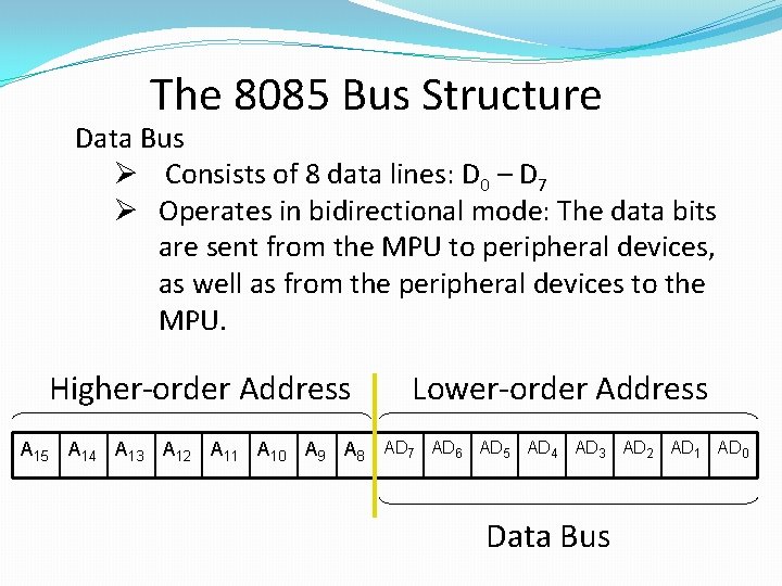 The 8085 Bus Structure Data Bus Ø Consists of 8 data lines: D 0