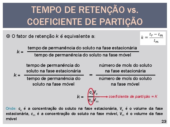 TEMPO DE RETENÇÃO vs. COEFICIENTE DE PARTIÇÃO O fator de retenção k é equivalente