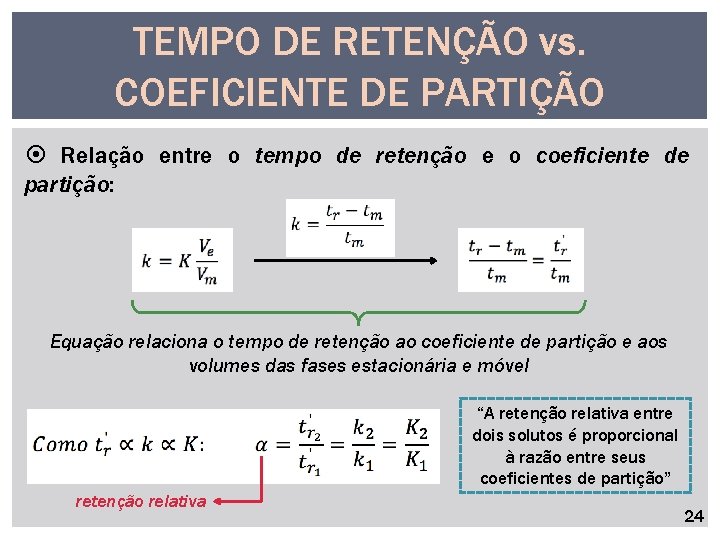 TEMPO DE RETENÇÃO vs. COEFICIENTE DE PARTIÇÃO Relação entre o tempo de retenção e