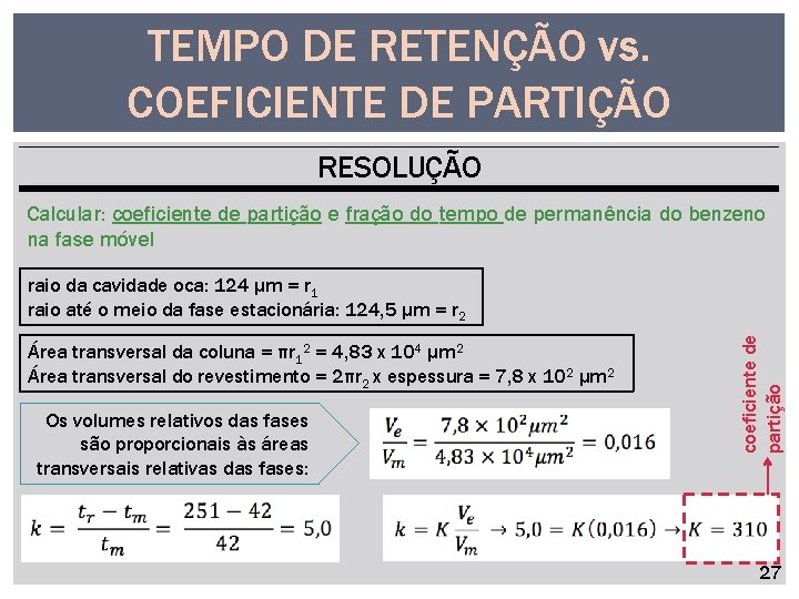TEMPO DE RETENÇÃO vs. COEFICIENTE DE PARTIÇÃO RESOLUÇÃO Calcular: coeficiente de partição e fração