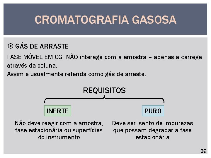 CROMATOGRAFIA GASOSA GÁS DE ARRASTE FASE MÓVEL EM CG: NÃO interage com a amostra