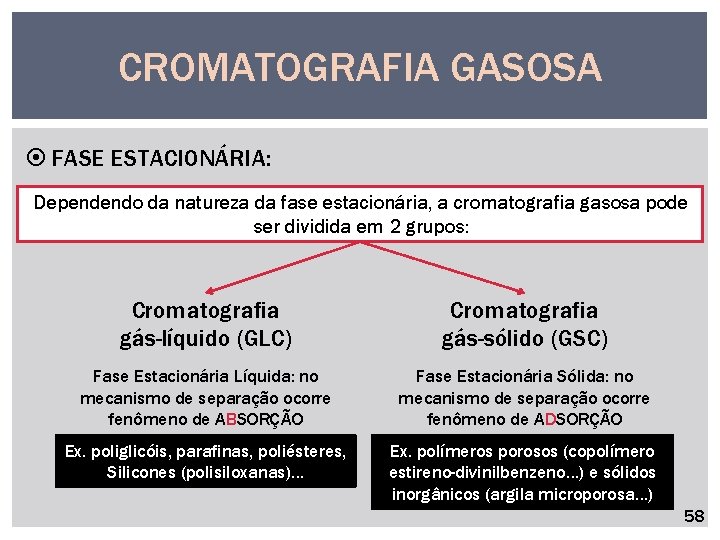 CROMATOGRAFIA GASOSA FASE ESTACIONÁRIA: Dependendo da natureza da fase estacionária, a cromatografia gasosa pode