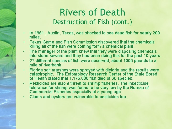 Rivers of Death Destruction of Fish (cont. ) • • In 1961 , Austin,