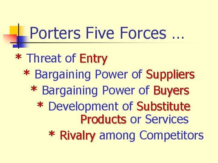 Porters Five Forces … * Threat of Entry * Bargaining Power of Suppliers *
