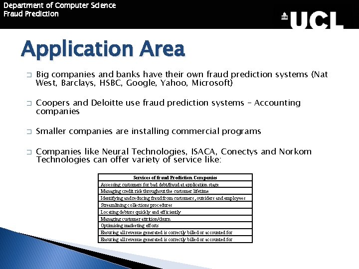 Department of Computer Science Fraud Prediction Application Area � � Big companies and banks