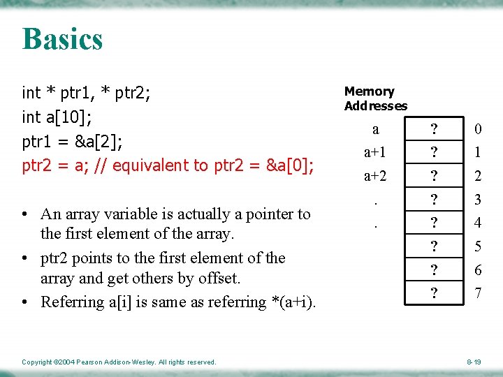 Basics int * ptr 1, * ptr 2; int a[10]; ptr 1 = &a[2];