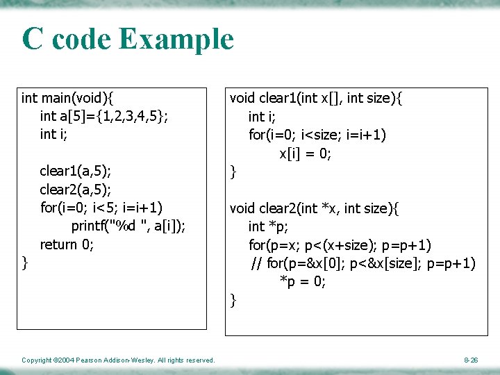 C code Example int main(void){ int a[5]={1, 2, 3, 4, 5}; int i; clear