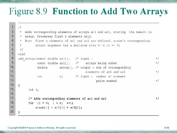 Figure 8. 9 Function to Add Two Arrays Copyright © 2004 Pearson Addison-Wesley. All
