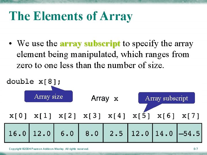 The Elements of Array • We use the array subscript to specify the array