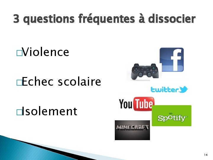 3 questions fréquentes à dissocier �Violence �Echec scolaire �Isolement 14 