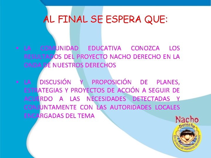 AL FINAL SE ESPERA QUE: • LA COMUNIDAD EDUCATIVA CONOZCA LOS RESULTADOS DEL PROYECTO