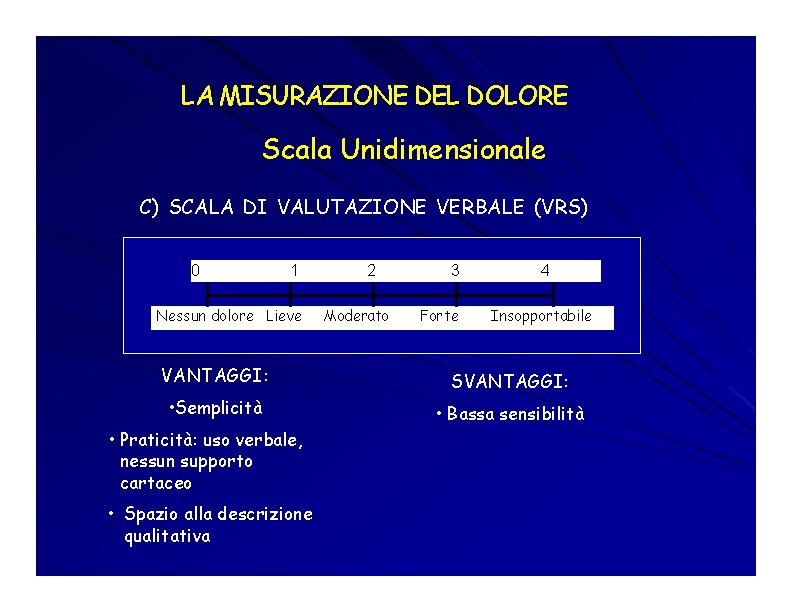 LA MISURAZIONE DEL DOLORE Scala Unidimensionale C) SCALA DI VALUTAZIONE VERBALE (VRS) 0 1 LA MISURAZIONE DEL DOLORE Scala Unidimensionale C) SCALA DI VALUTAZIONE VERBALE (VRS) 0 1