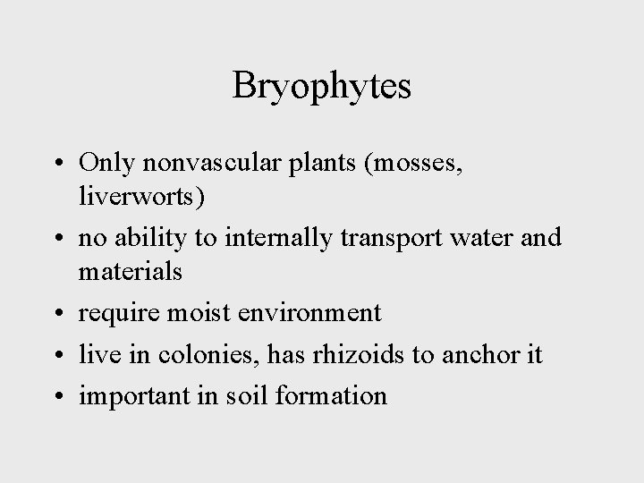 Bryophytes • Only nonvascular plants (mosses, liverworts) • no ability to internally transport water