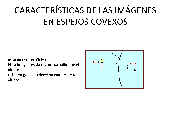 CARACTERÍSTICAS DE LAS IMÁGENES EN ESPEJOS COVEXOS a) La imagen es Virtual. b) La