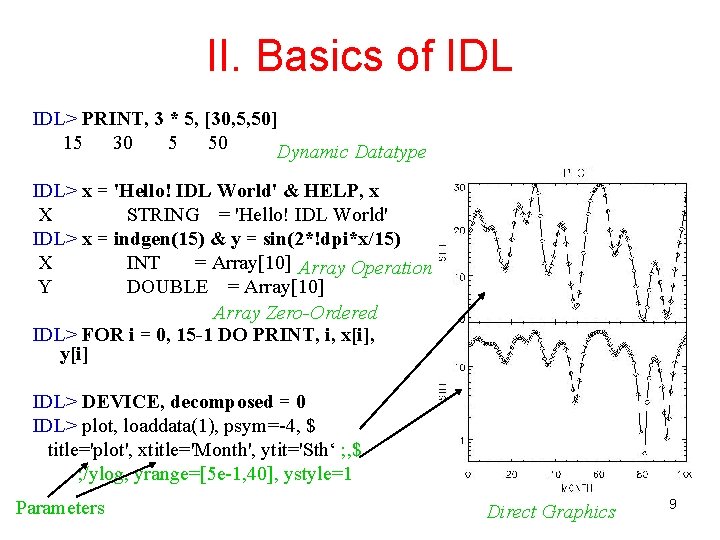 II. Basics of IDL> PRINT, 3 * 5, [30, 5, 50] 15 30 5