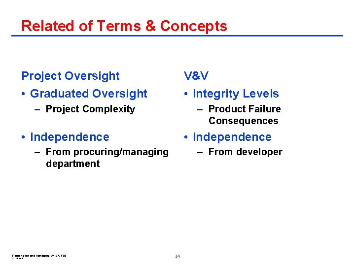 Related of Terms & Concepts Project Oversight V&V • Graduated Oversight • Integrity Levels