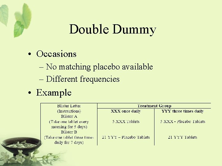 Double Dummy • Occasions – No matching placebo available – Different frequencies • Example