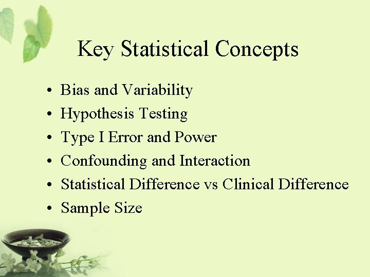 Key Statistical Concepts • • • Bias and Variability Hypothesis Testing Type I Error