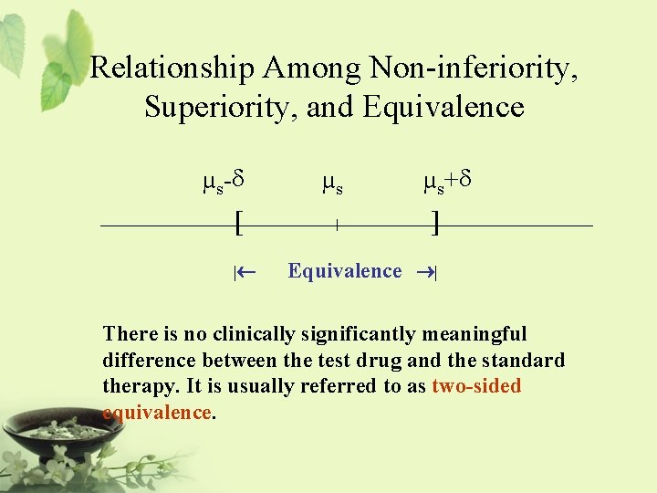 Relationship Among Non-inferiority, Superiority, and Equivalence µs-d [ |¬ µs | µs+d ] Equivalence