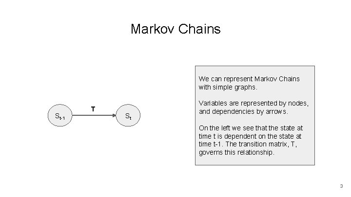 Markov Chains We can represent Markov Chains with simple graphs. St-1 T St Variables
