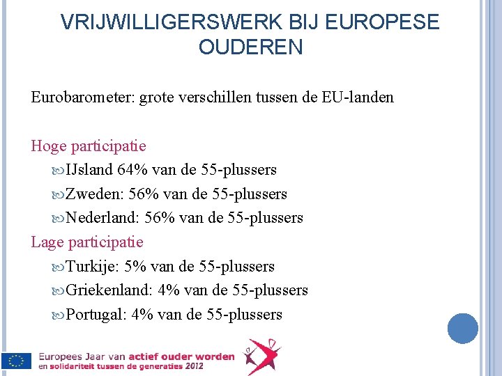 VRIJWILLIGERSWERK BIJ EUROPESE OUDEREN Eurobarometer: grote verschillen tussen de EU-landen Hoge participatie IJsland 64%