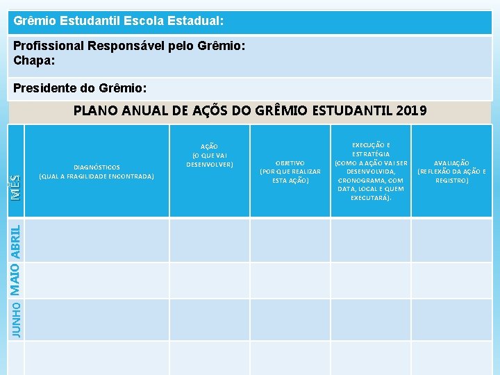 Grêmio Estudantil Escola Estadual: Profissional Responsável pelo Grêmio: Chapa: Presidente do Grêmio: JUNHO MAIO