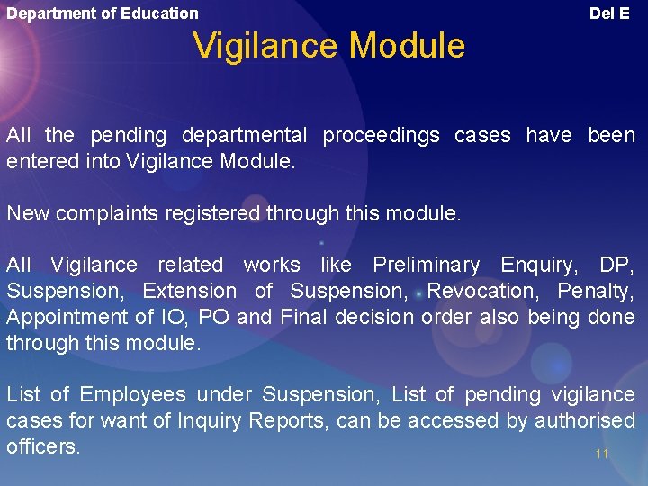 Department of Education Del E Vigilance Module All the pending departmental proceedings cases have