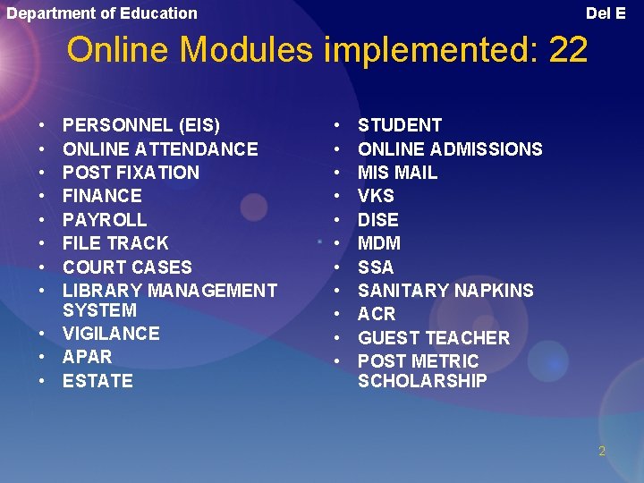 Department of Education Del E Online Modules implemented: 22 • • PERSONNEL (EIS) ONLINE