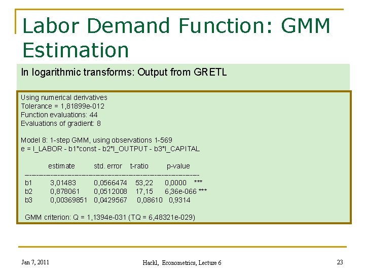 Labor Demand Function: GMM Estimation In logarithmic transforms: Output from GRETL Using numerical derivatives