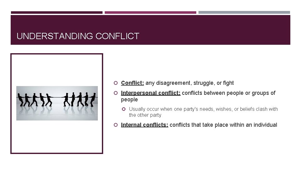 UNDERSTANDING CONFLICT Conflict: any disagreement, struggle, or fight Interpersonal conflict: conflicts between people or