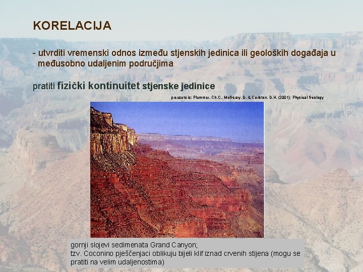 KORELACIJA - utvrditi vremenski odnos između stjenskih jedinica ili geoloških događaja u međusobno udaljenim