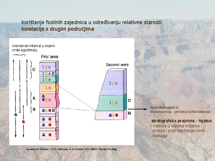 korištenje fosilnih zajednica u određivanju relativne starosti; korelacija s drugim područjima vremenski interval u