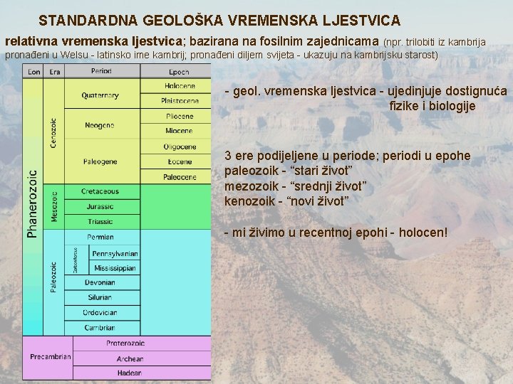 STANDARDNA GEOLOŠKA VREMENSKA LJESTVICA relativna vremenska ljestvica; bazirana na fosilnim zajednicama (npr. trilobiti iz STANDARDNA GEOLOŠKA VREMENSKA LJESTVICA relativna vremenska ljestvica; bazirana na fosilnim zajednicama (npr. trilobiti iz
