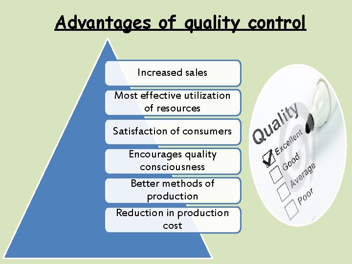 Advantages of quality control Increased sales Most effective utilization of resources Satisfaction of consumers