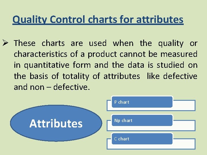 Quality Control charts for attributes Ø These charts are used when the quality or