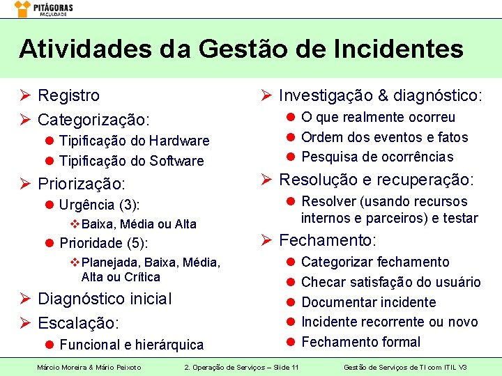 Atividades da Gestão de Incidentes Ø Registro Ø Categorização: Ø Investigação & diagnóstico: l