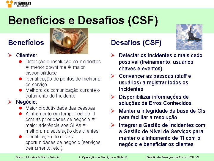 Benefícios e Desafios (CSF) Benefícios Desafios (CSF) Ø Clientes: Ø Detectar os Incidentes o