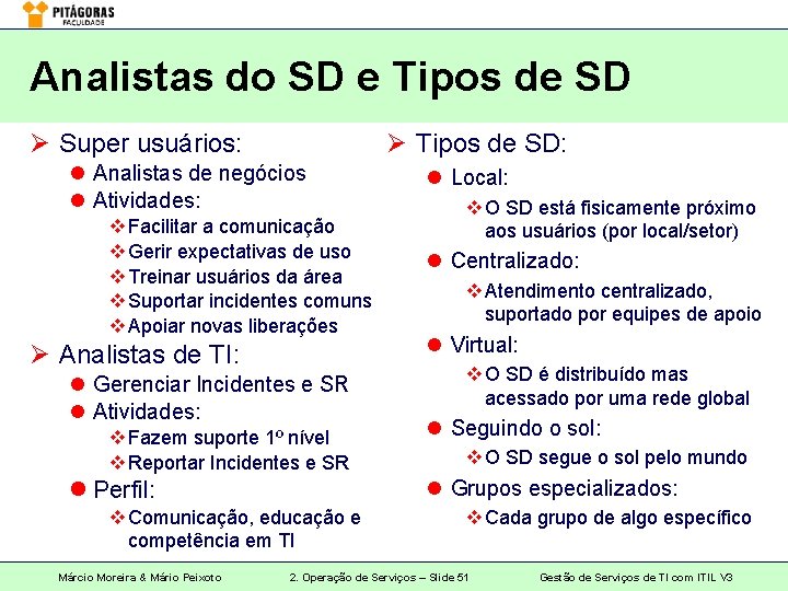Analistas do SD e Tipos de SD Ø Super usuários: Ø Tipos de SD: