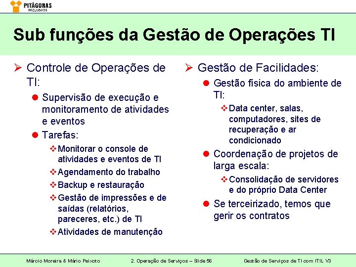Sub funções da Gestão de Operações TI Ø Controle de Operações de TI: l