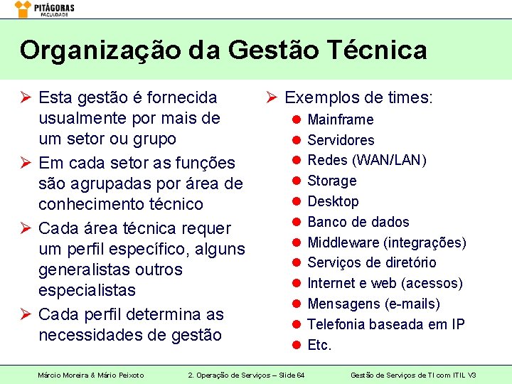 Organização da Gestão Técnica Ø Esta gestão é fornecida usualmente por mais de um