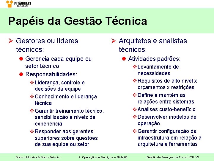 Papéis da Gestão Técnica Ø Gestores ou líderes técnicos: Ø Arquitetos e analistas técnicos:
